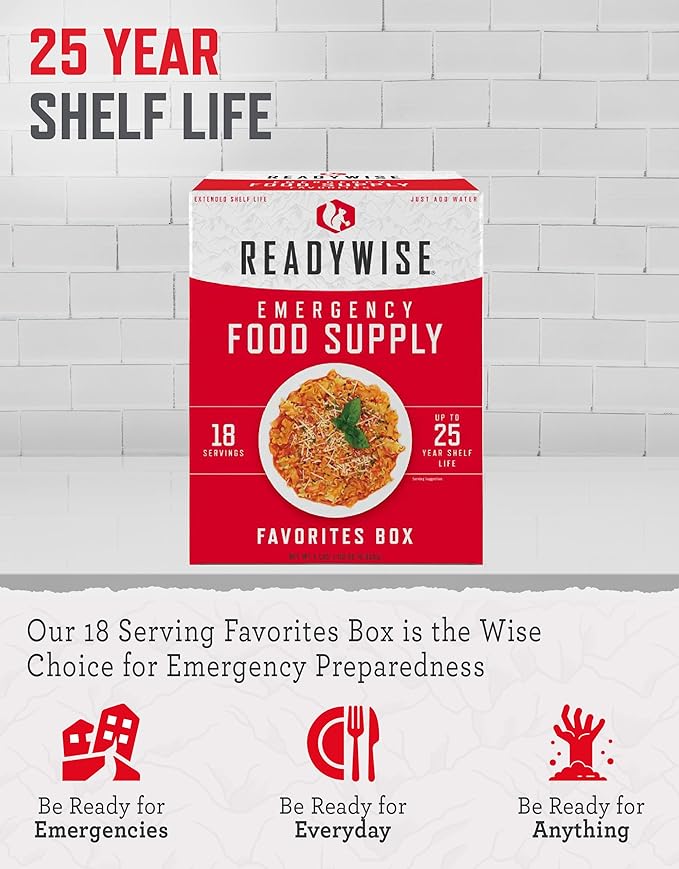ReadyWise Emergency Food Supply - 18 Servings Favorites Box, Survival Food Kit with Freeze Dried Prepper Food & Dehydrated Meals, Camping Essentials for Backpacking & Hiking, up to 25 Year Shelf Life