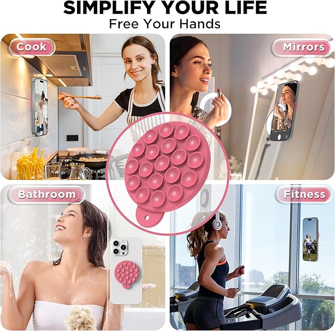 Magnetic Suction Cup Phone Mount with MagSafe, Silicone Hands-Free Grip Holder for iPhone Case and Android, Mirror Shower Phone Stand for Makeup FaceTime Gym Kitchen Bathroom, Camellia Red