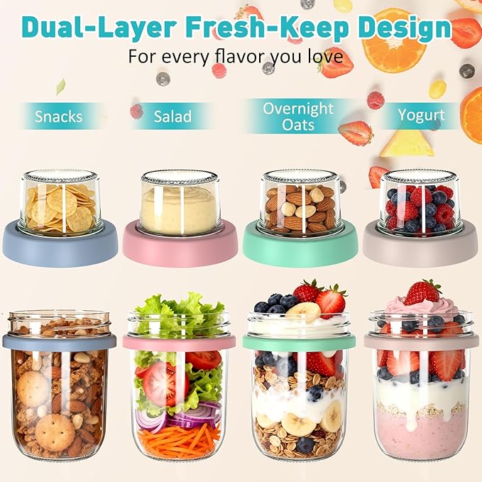 4 Pack Overnight Oats Containers with Lids and Spoons, 20 oz (16+4) Overnight Oats Jars with Dry and Wet Separation for Oatmeal Cereal Fruit Salad Yogurt, Dual-Layer Yogurt Parfait Cups with Lids