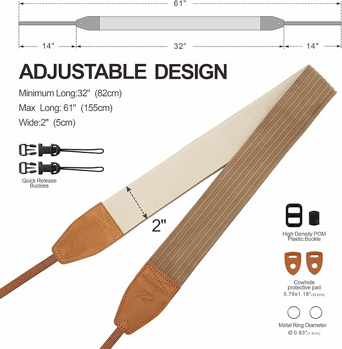 Padwa Lifestyle Camel Corduroy Camera Strap - 2" Double Layer Full Grain Cowhide Leather Head Camera Straps for Photographers, Unique Soft Corduroy Fabric with Quick Release fits all Cameras