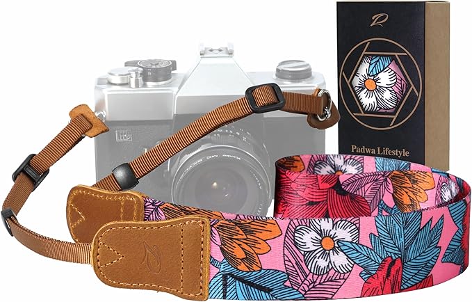 Padwa Lifestyle Camera Strap - 1.5" Soft Nylon Print Crazy Horse Cowhide Head Camera Straps for Photographers and All Cameras,Cute Adjustable Vintage Woven Strap for Adults & Kids(Flower Heart Pink)