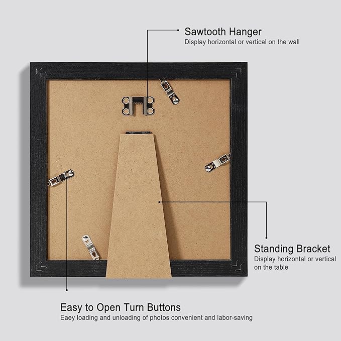 8x8 Picture Frames Set of 4, Made of Glass and Rustic Black Wooden Frame - Display Picture 6x6 with Mat or 8 x 8 Without Mat, 8 by 8 Photo for Wall or Tabletop