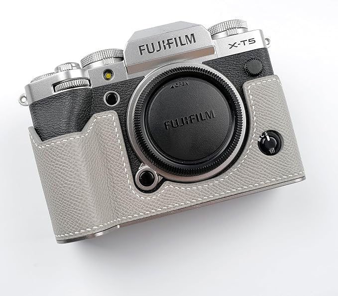 Uchandmade Handmade Genuine Leather Camera Half Case for Fuji X-T5 /Fuji X-T5 Camera Case/Fuji X-T5 Case - Top Layer Cowhide Body + Hand sewn saddle stitch + Metal Base Plate (Gris Mouette)