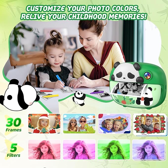 Panda Kids Camera Instant Print Photo with 32G Card, 1080P HD Video Instant Cameras Age 3-12, Digital Toddler Camera Toys with Color Pens for DIY 3-12 Year Old Girls Boys Gifts Birthday, Green