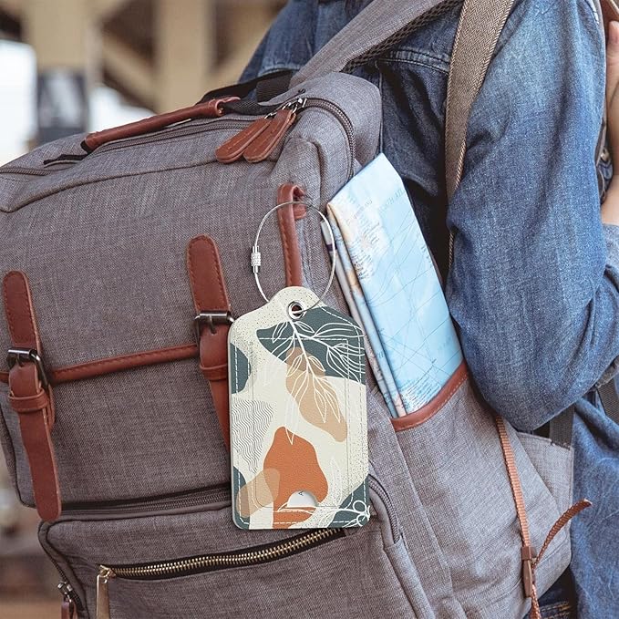 Luggage Tags for Suitcase, 4 Pack PU Leather Travel Cruise Luggage Tag with Privacy Flap, Name ID Label and Metal Loop for Women Men Girls Suitcase Baggage Bag Backpack, Boho Abstract Leaves