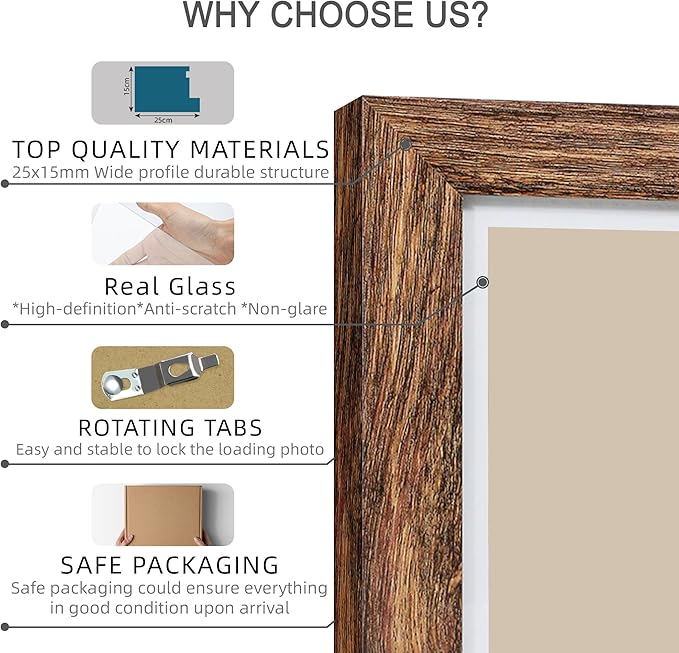11x14 Picture Frame Set of 4, Made of Glass and Rustic Brown Wooden Frame, Display 8x10 Pictures with Mat or 11 x 14 Posters without Mat for Wall Mounting, Gallery Photo Frames