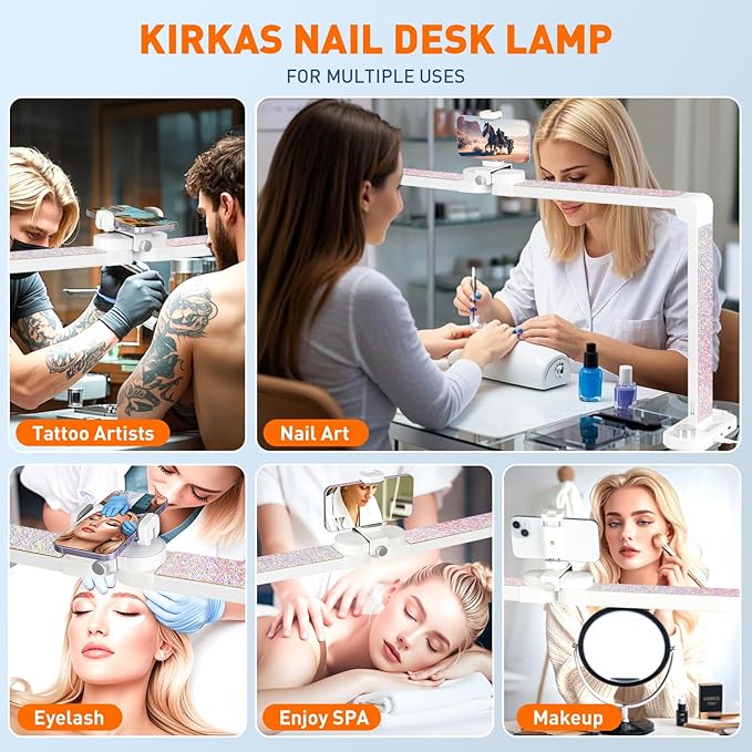 KIRKAS 34IN Half Moon Light for Nail Desk, 456 LEDs 3 Color Modes Infinitely Knob Foldable Nail Tech Lamp with Phone Holder Charging Function, Manicure Lamp for Eyelash,Eyebrows,Beauty(Diamond, Large)