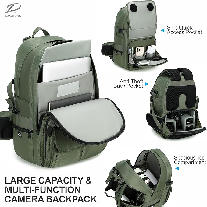 Padwa Lifestyle Professional Camera Backpack - Large Capacity Photography Camera Bag with Thick Padded Comfort Strap and Wide Waist, Versatile Photographer,Multi Cameras,Lensas,a Laptop(Green Nylon)