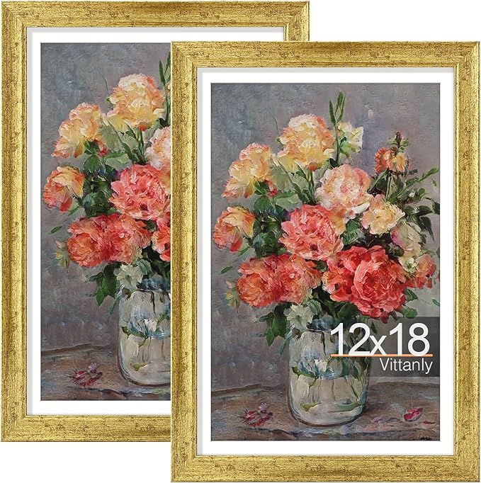 Vittanly 12x18 Picture Frames Set of 2, Ornate Vintage Photo Frame for Wall Mount, Display 11x17 Pictures with Mat or 12x18 without Mat, Rustic Gold