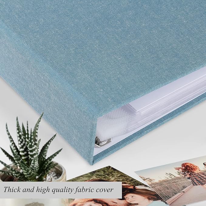 1DOT2 8x8 DIY Small 3 Ring Scrapbook Photo Album Journal with 30 Plastic Sleeves 60 Pages and Fabric Cover for Baby Travel Wedding Couple Anniversary Kids Adventure (Cyan Blue Cover/White Pages)