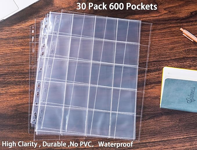30 Pack 600 Pockets 2x2” Coin Flip Sleeves, Heavy Duty Stamp Collection Pages for 3 Ring Binder, 20 Pocket Photo Slide Flips Organizer Sheet, Top Loading Clear Cardboard Coin Holder Sleeves
