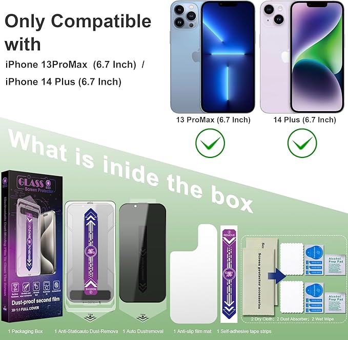SHANG PIN JIA 2 Pack Privacy Screen Protector for iPhone 13 Pro Max and iPhon 14 Plus 6.7-Inch Auto Dust Removal, No Bubbles,Anti-Spy Tempered Glass Film, Easy Installation