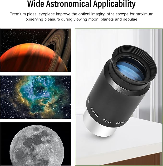 Astromania Telescope Plossl Eyepiece 32mm, 50 Degree Apparent Field of View Plossl Lens with Fully Multi Coated 4-Element, Metal Telescope Accessory for Standard 1.25 Inch Astronomy Filter Thread