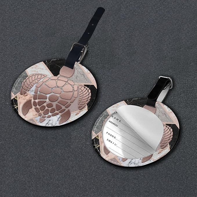 Luggage Tag Rose Gold Sea Turtle White Gray, Pu Leather Bag Travel Suitcases Id Identifier Baggage Label for Women Men Boys Girls