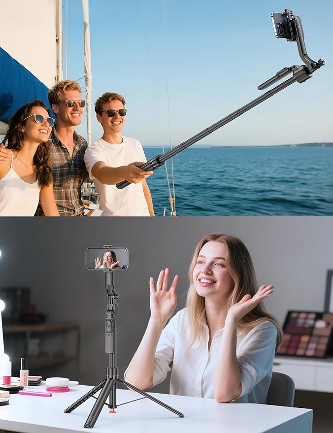 69'' Auto Face Tracking Selfie Stick Tripod Stand, Automatic Phone Tripod, Auto-Open Travel Tripods for iPhone/Cell Phone with Remote, Gesture Control, No App, Built-in AI Camera for Vlog Recording TK