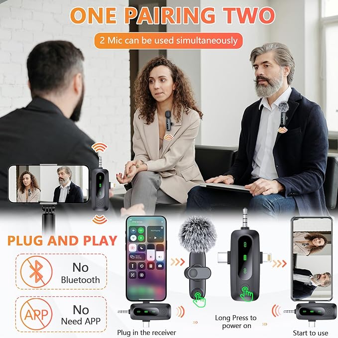 3 in 1 Wireless Lavalier Microphone for iPhone, iPad, Android, Camera, 2 Pack Professional Mini Microphone LED Display Clip on Mic with Noise Reduction for Video Recording TikTok YouTube Vlog