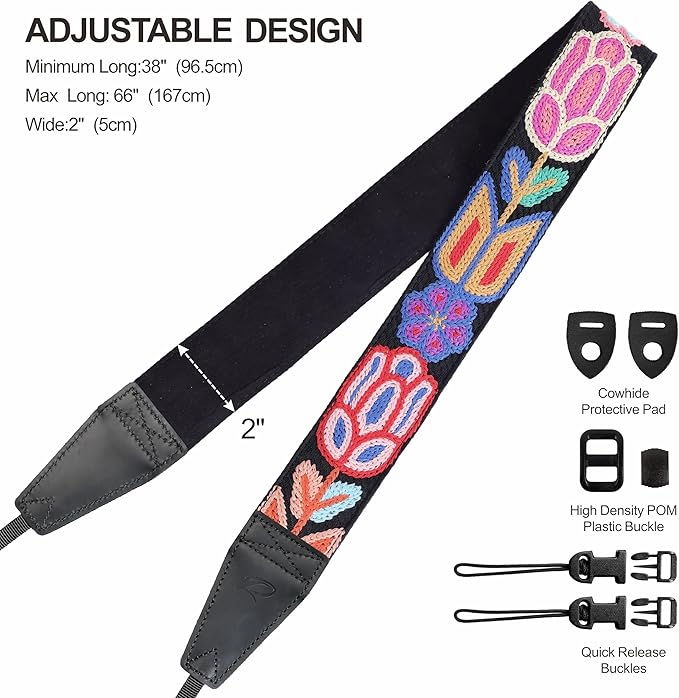 Padwa Lifestyle Colorful Crochet Camera Strap - 2" Full Grain Leather Ends Camera Straps for Photographers, Vintage Woven Cotton Soft Suede Fabric Padded Strap with Quick Release fits All Cameras