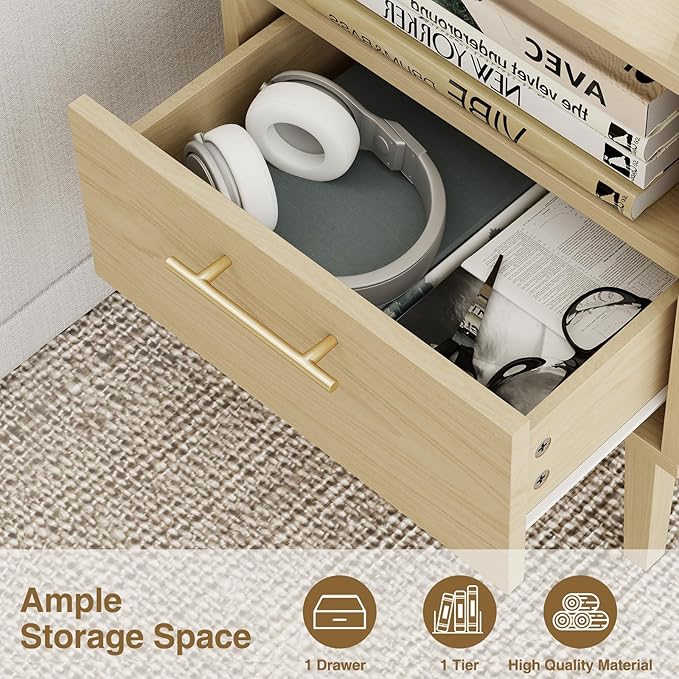 Night Stand with Drawer & Open Storage Shelf, Small Wooden Nightstand with Raised Edge, Mid Century Modern Side Table with Solid Wood Feet, Metal Handle for Bedroom Natural