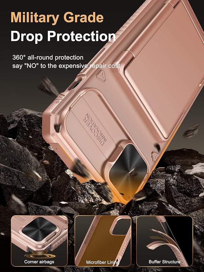 Vihibii for iPhone 15 Plus/iPhone 14 Plus Case with Card Holder (4 Cards), [RFID Blocking] & Slide Lens Camera Cover, Military Grade Drop Protection, Rugged Heavy Duty Wallet Phone Case, Rose Gold