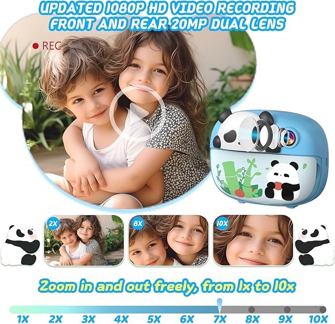 Panda Kids Camera Instant Print Photo with 32G Card, 1080P HD Video Instant Cameras Age 3-12, Digital Toddler Camera Toys with Color Pens for DIY 3-12 Year Old Girls Boys Gifts Birthday, Blue