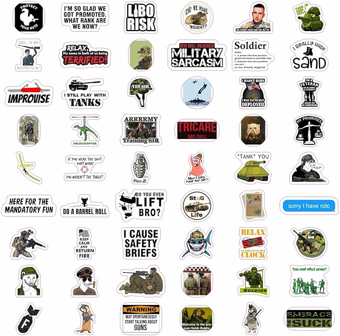 BulbaCraft 100Pcs Funny Army Stickers and Decals — Small Vinyl Military Stickers and Decals for Hard Hat & Helmets, Military or Army Gifts, Gifts for Women & Men