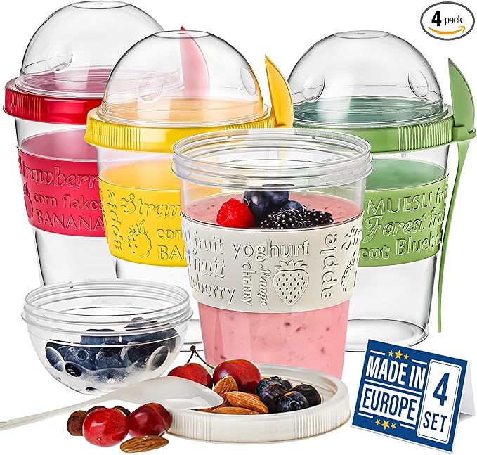 Crystalia 4 Pack 20 oz On The Go Yogurt Parfait Cups with Lids & Spoons, Overnight Oats Containers/Jars, Oatmeal Container to Go with Topping for Cereal, Milk, Yogurt, and Fruit Salad Storage (Large)
