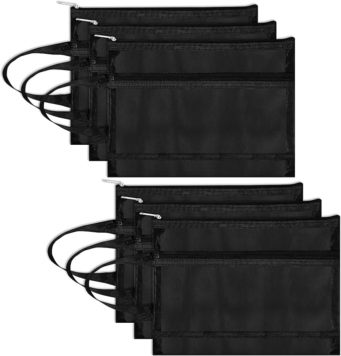 Fassave 6 Pack Mesh Zipper Pouch Bags, Double Layer Nylon Pouch with Handle for Office Travel Organization (Black, A5)