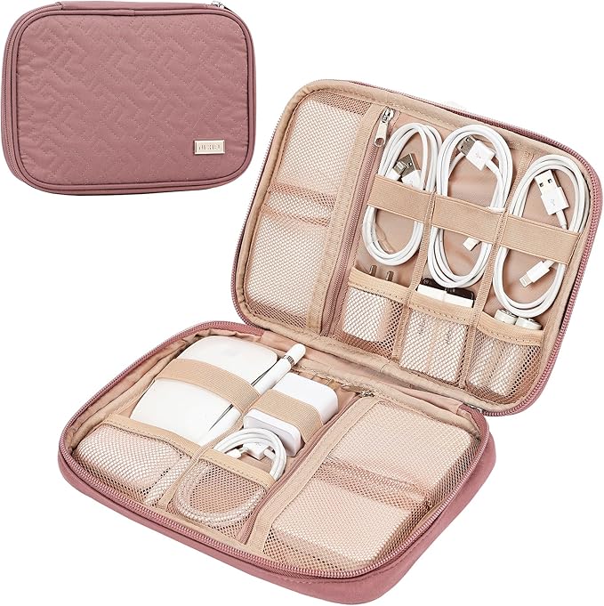 NISHEL Travel Cord Organizer Case, Tech Electronic Bag, Essentials for Charger, Cable, Phone, Hard Drive, USB, SD Card, Rosewood-Pink