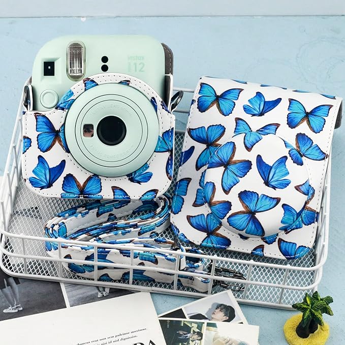 Frankmate Protective Case Compatible with Fujifilm Instax Mini 12 Instant Film Camera with Accessory Pocket and Adjustable Strap (Blue Butterfly)