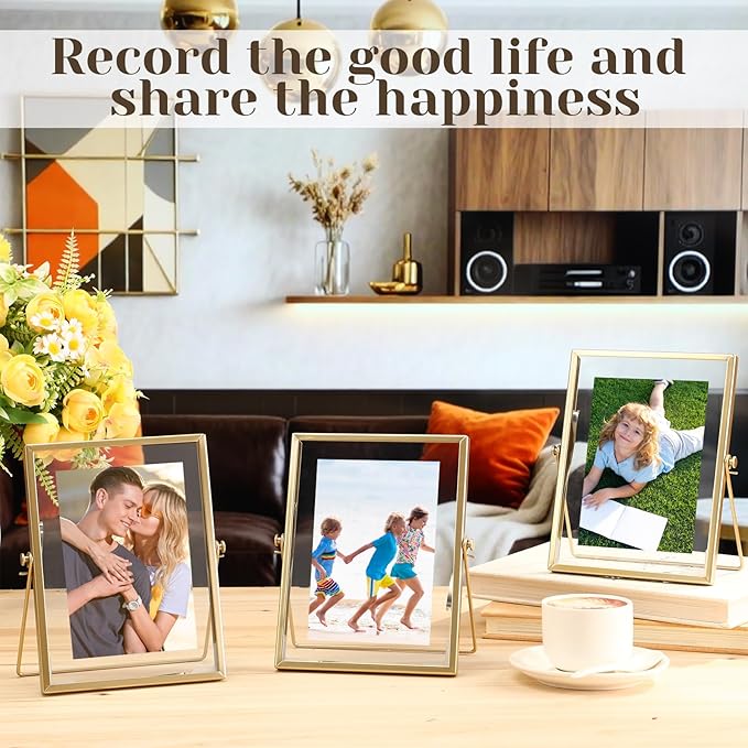 Hoteam 16 Pcs 4 x 6 Inches Gold Floating Frames Glass Photo Frames Vertical Vintage Metal Picture for Wedding Photo Picture Mounting Tabletop Display Office Decor