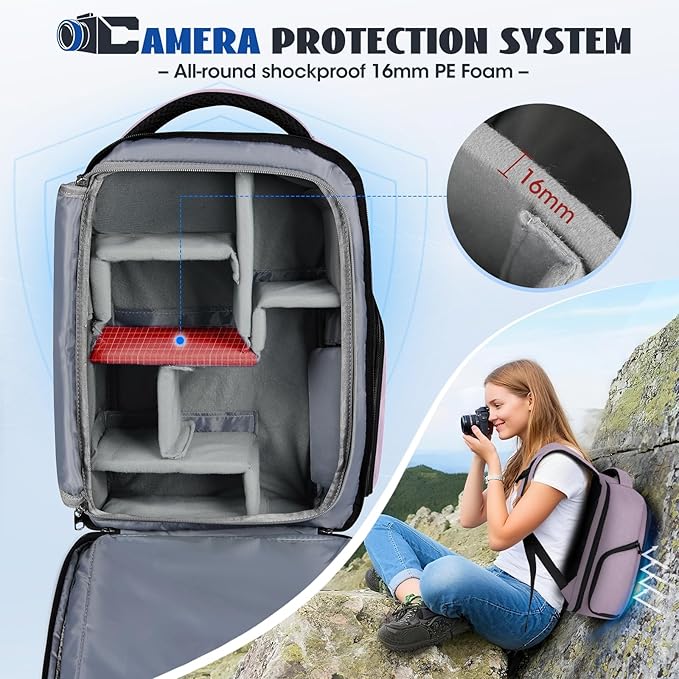 Camera Backpack Camera Bag for Photographers DSLR SLR Mirrorless Camera Cases with Waterproof Rain Cover & Laptop Compartment Fits 14 Inch Laptop,Anti Theft Travel photography backpack,Pink