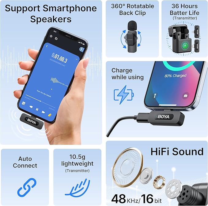 BOYA by-V3 Combo Wireless Microphone for iPhone Android Smartphone,100M Los Range,36H Duration,Noise Cancellation,Plug&Play Lavalier Lapel Mics for Vlogging Interview 2-in-1 Charging Case(2TX+2RX)