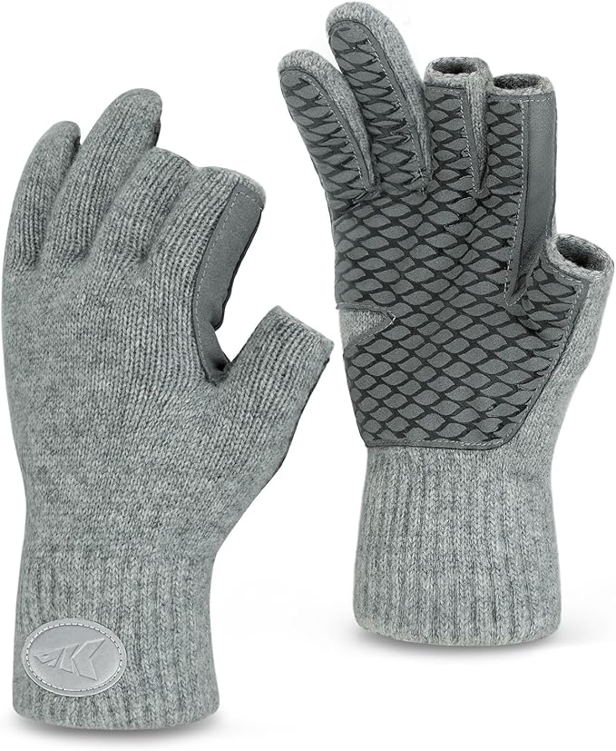 KastKing Bully Wooly 3-Cut Fingerless Wool Fishing Gloves, Cold Weather Warm Winter Gloves for Men & Women, Ice Fishing