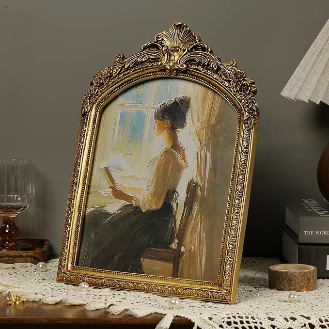 Cuspin 8x10 Picture Frame Vintage Gold Frames, Antique Gold Ornate Resin Photo Frame with Glass Front for Tabletop and Wall Mounting, 8 by 10 Arched Picture Frame for Home Decor