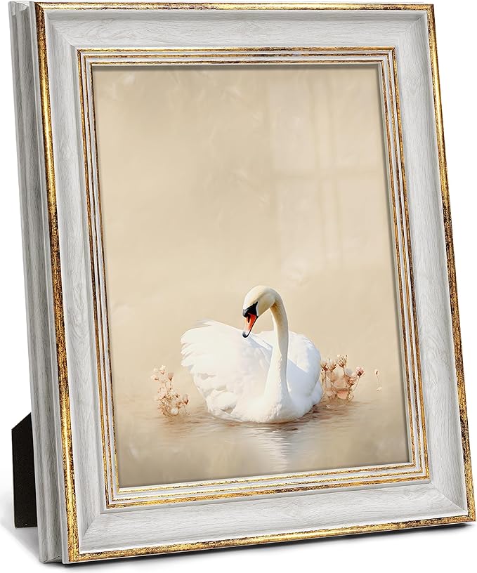 Afuly 8x10 Picture Frame Vintage Picture Frames Antique Retro White Gold Edge Photo Frame Gallery Wall Hanging Tabletop Display for Home Decor Birthday Gifts for Grandma Mom