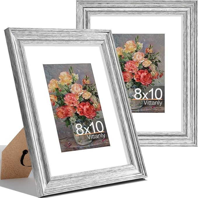 Vittanly 8x10 Picture Frames Set of 2, Ornate Vintage Photo Frame for Wall or Tabletop, Display 5x7 Pictures with Mat or 8x10 without Mat, Rustic Silver