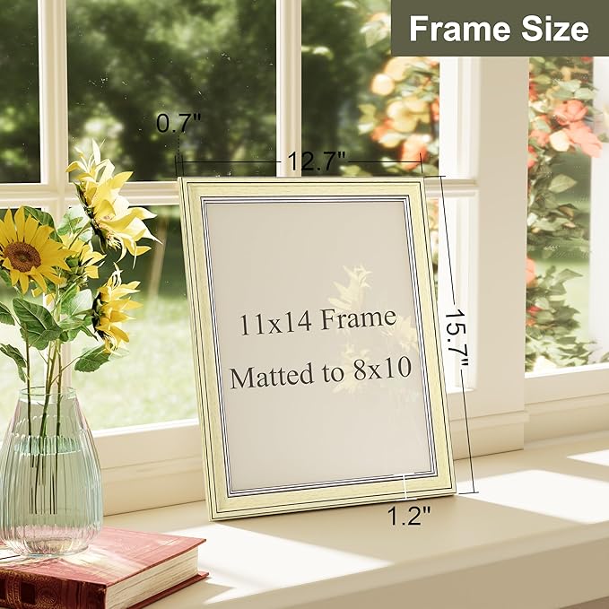 Vittanly 11x14 Picture Frame Set of 4, Vintage Photo Frame for Wall Mount, Display 8x10 Pictures with Mat or 11x14 without Mat, Rustic Farmhouse Home Decor, Beige