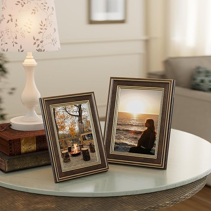 Vittanly 4x6 Picture Frame Set of 4, Vintage Photo Frame for Wall or Tabletop, Display 4x6 Pictures, Rustic Farmhouse Home Decor, Brown