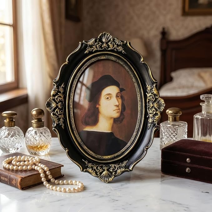 Cuspin 4x6 Oval Picture Frame, Vintage Ornate Baroque Black and Gold Resin Photo Frame with Glass Front, Wall Hanging or Tabletop Display