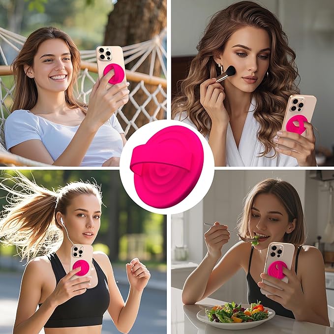 Magnetic Phone Grip Ring Holder, Liquid Silicone Magnet Cell Phone Grip Finger Loop, Compatible with Magsafe, Back of Phone for iPhone 17/16/15/14/13/12 Series, Neon Pink