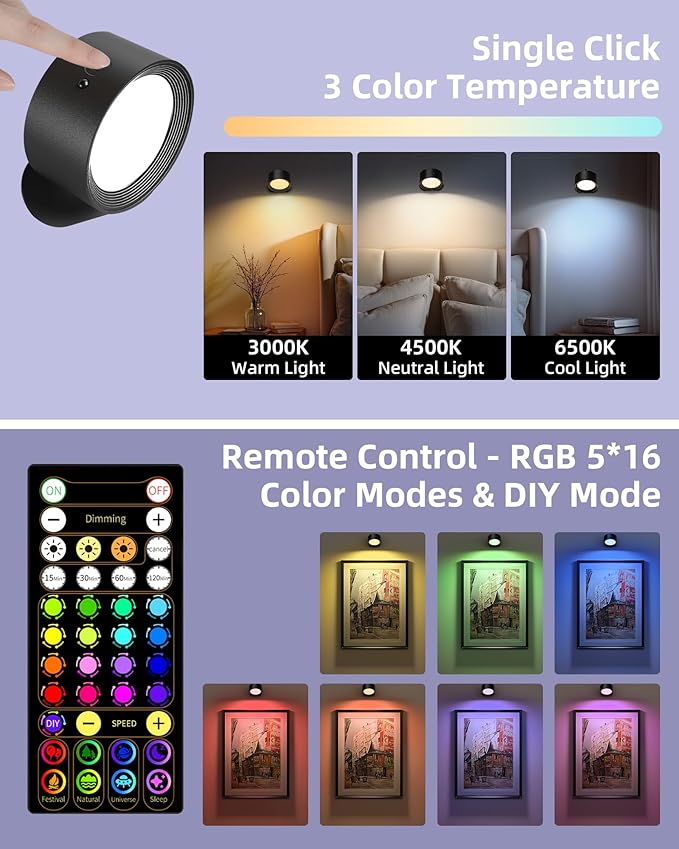 Wall Mounted Lights, 3 Pack Rechargeable RGB Color Changing Light, 3 Color Temps & Remote and Touch, 360°Rotation Dimmable Cordless for Study Bedroom Reading Bedside (Black)