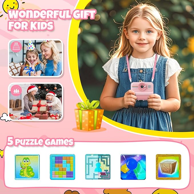 HiMont Kids Camera Instant Print, 1080P HD Instant Print Camera for Kids with 3 Rolls Print Paper & 32GB Card, Selfie Digital Camera for Kid, Ideal Kid Toys Gifts for Boys & Girls Age 3-14 (Pink)