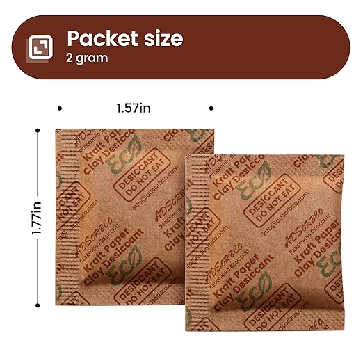 ADSorbco 2g x 100 Pack Bentonite Clay Desiccant Packs– Food Grade Moisture Absorbers for Pet Food, Tea, Dry Grains, Spices, Storage Bins – Silica Gel Packets Alternative, Desiccant Packs for Storage