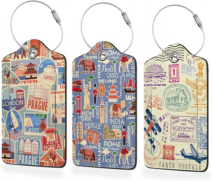 3 Pack Luggage Tags,Retro Travel Stickers PU Leather Luggage Tags for Suitcase,Name ID Labels with Privacy Cover Suitcases and Metal Loop for Travel Bag Suitcase