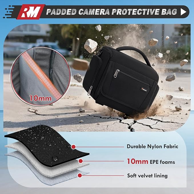 RAINSMORE Camera Bag, SLR/DSLR/Mirrorless Camera Case with Divider Tripod Holder Waterproof Sling Bag Crossbody Camera Bags for Photographers with Rain Cover for Canon/Sony/Nikon/Fuji, Black