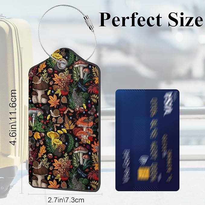 Psychedelic Mushrooms PU Leather Luggage Tags for Suitcase, Butterflies Insects Travel Cruise 2 Pack with Privacy Flap, Name ID Label and Metal Loop for Women Men Girls Baggage Bag