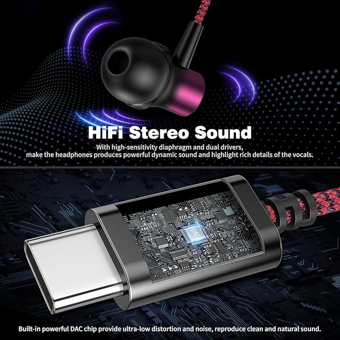 COOYA USB C Headphone Type C Wired Earbuds for iPhone 17 Pro Max 16 15 iPad 10 Air 6 Pixel 9 8 Magnetic Bass Noise Canceling In-Ear Earphone+Mic for Samsung Galaxy S25 Ultra S24 S23 A16 for OnePlus 13