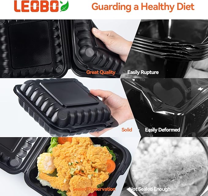LEOBOX To Go Containers Mineral Filled PP Plastic - 8 Inch 34oz 55 Pack | Shrink Wrap BPA Free Takeout Boxes | Freezer & Microwave Safe for Food Delivery | Salad Breakfast Black Disposable Container
