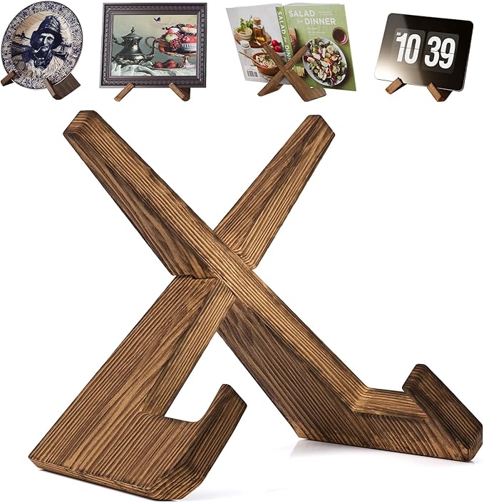 Wooden Plate Stands for Display, Wood Plate Holders for Displaying, Decorative Picture Frame Stand, Easel for Sign, Cookbook, Now Playing Vinyl Record, Recipe Book Holder for Photo, Plaque, Platter