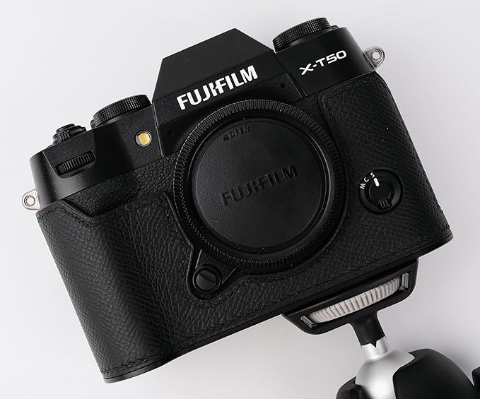 handmade Genuine Leather Camera Half Case for Fujifilm X-T50 - Top Layer Cowhide Body + Metal Base Plate - Hand Shank Free Design (Black)